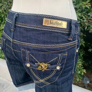 Southpole Dark Blue Denim Shorts Jean Gold Embellished Cuffed Shorts Women’s 9